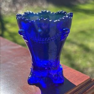 Vintage Degenhart Cobalt Blue Glass Toothpick Holder / Miniature Footed Vase